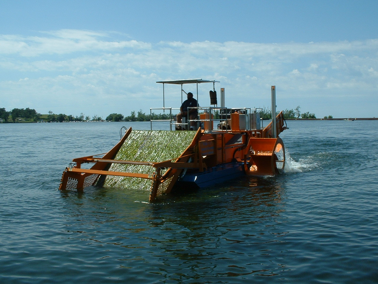 Alphaboats FX-11 Waterweed Harvester rolling weeds up its wide cutting conveyor