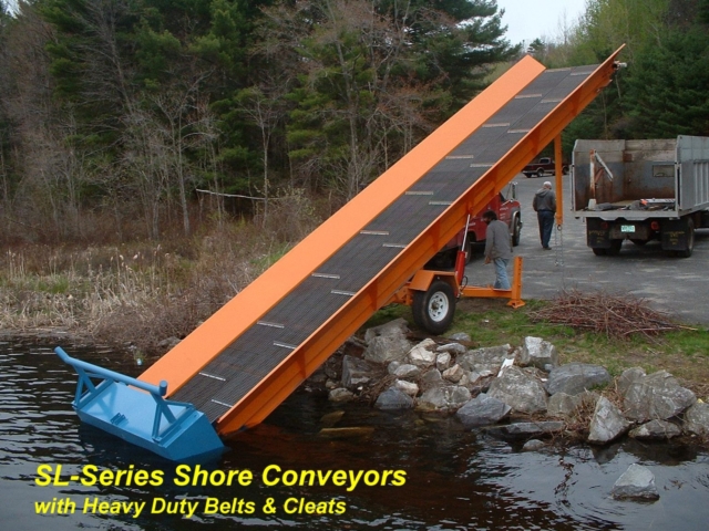 Alphaboats Shore Conveyor ready to load aquatic weeds from harvester