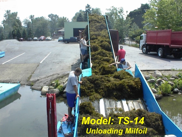 Alphaboats TS18 Transport Barge unloading milfoil aquatic weeds